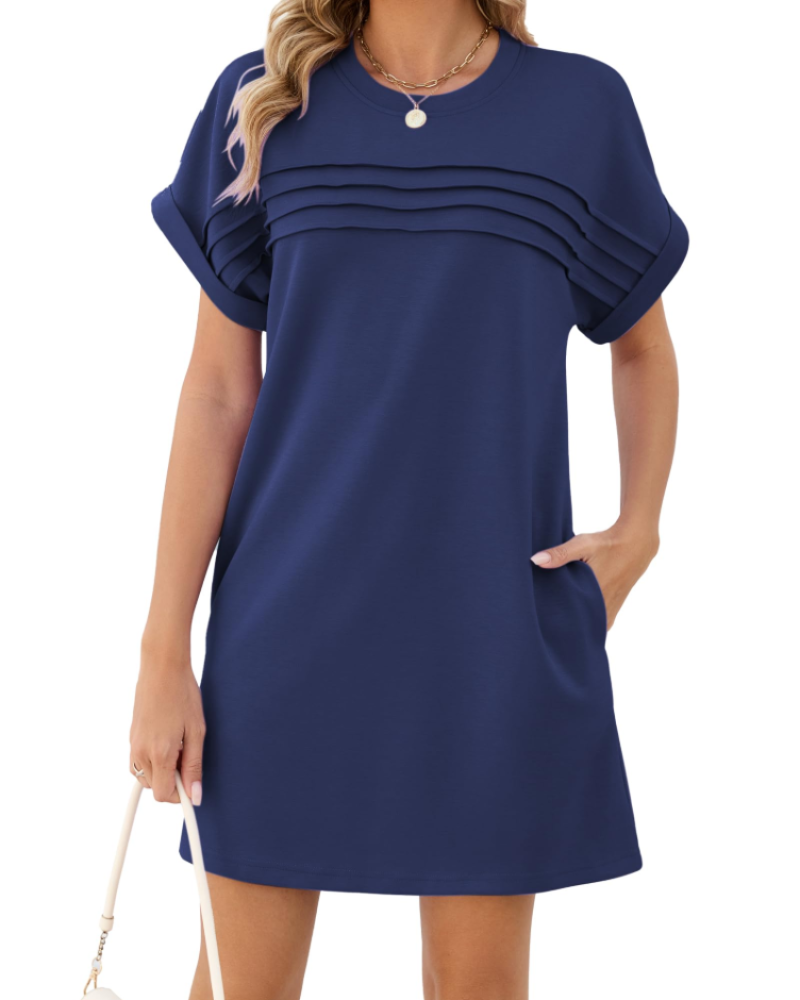 Autumn Robe Femme – Robe Courte Unie à Plis avec Poches & Manches Courtes Revers