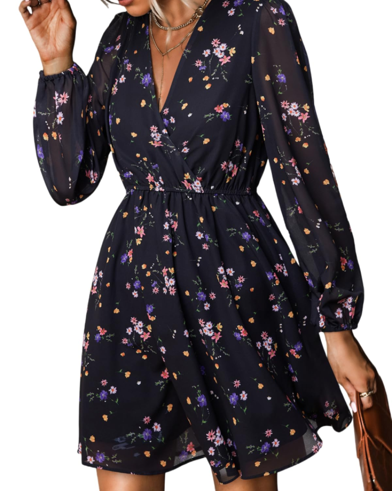 Danielle Robe Courte Femme – Robe en Mousseline Col V Taille Élastique Manches Longues