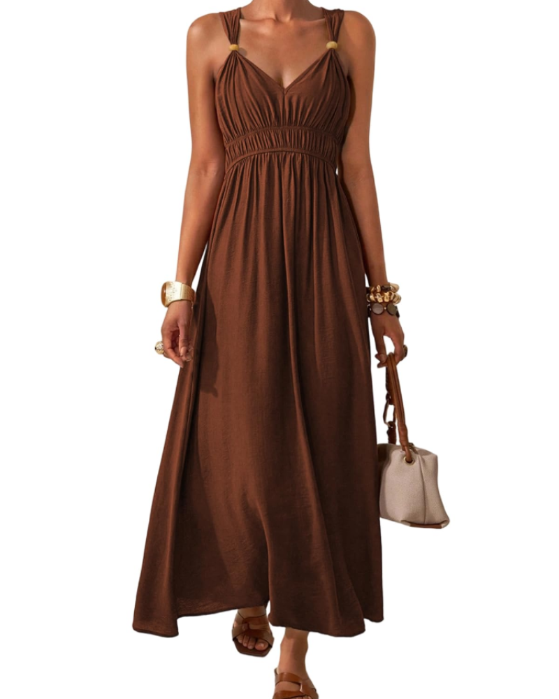 Nadia Robe Longue Femme – Maxi Robe Bohème Col V Taille Empire Élastique