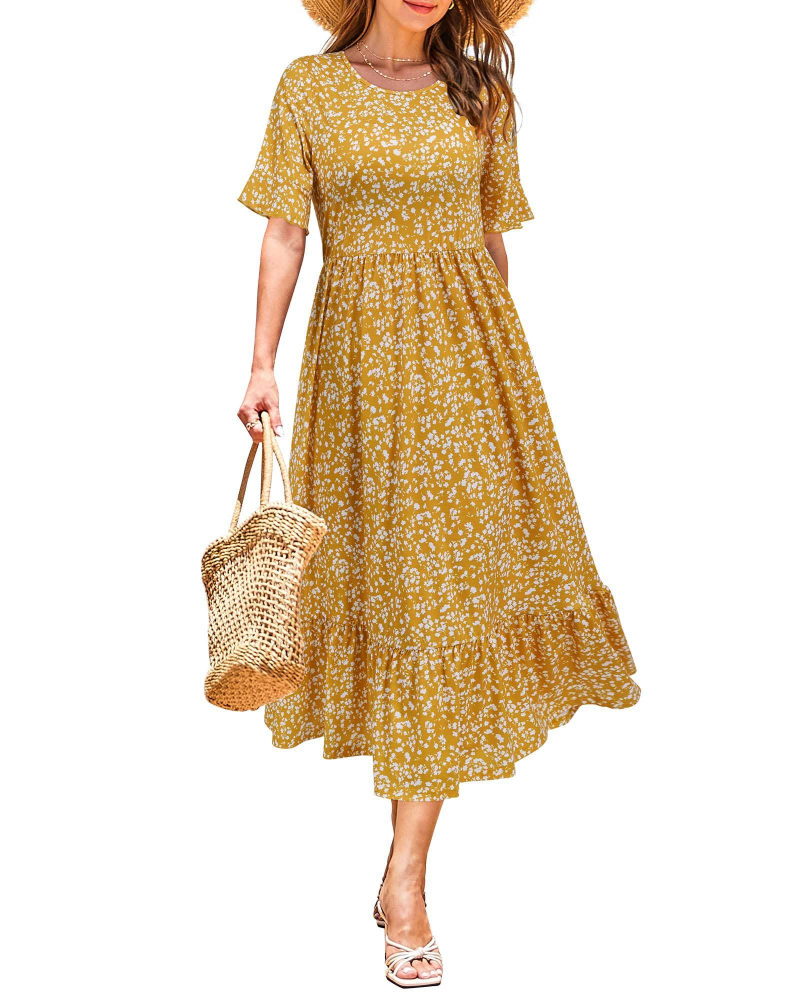 Payton Robe Midi Femme – Robe Fleurie Col Rond Manches Volantées avec Poches Taille Empire