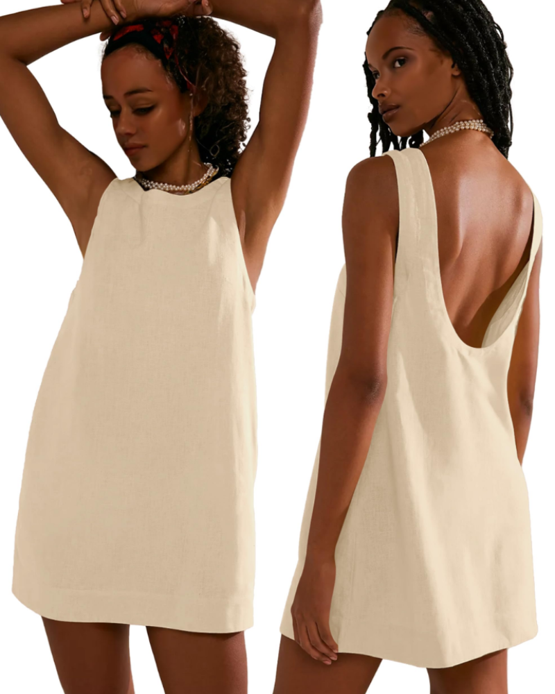 Juliette Robe Courte Femme – Robe d'Été Sans Manches à Dos Nu avec Poches en Lin Mélangé