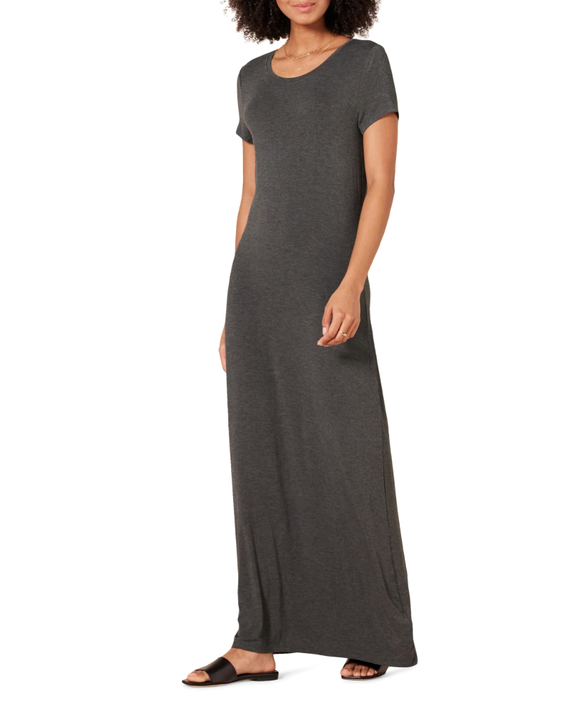 Corinne Robe Longue Femme – Robe Maxi Col Rond Manches Courtes Jersey Extensible Coupe Ajustée
