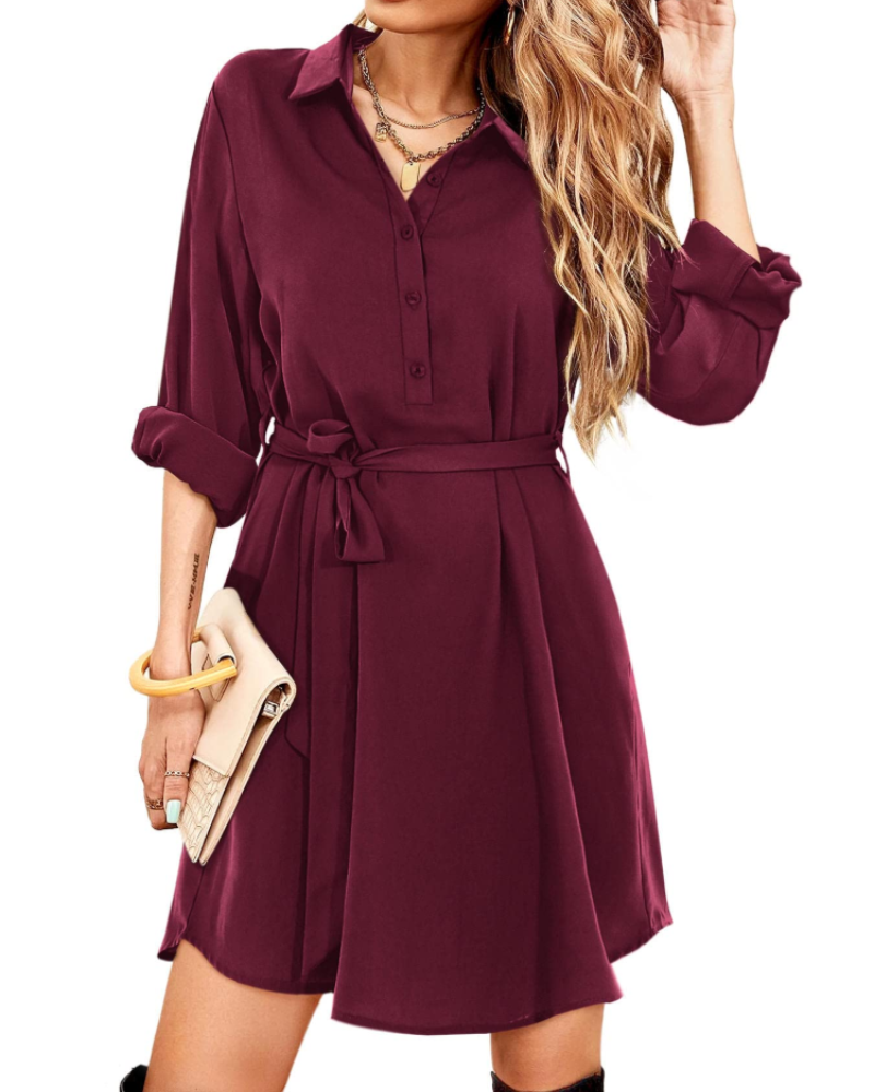 Rebecca Robe Chemise Femme – Robe Midi Col V Ceinturée Boutonnée à Manches Longues