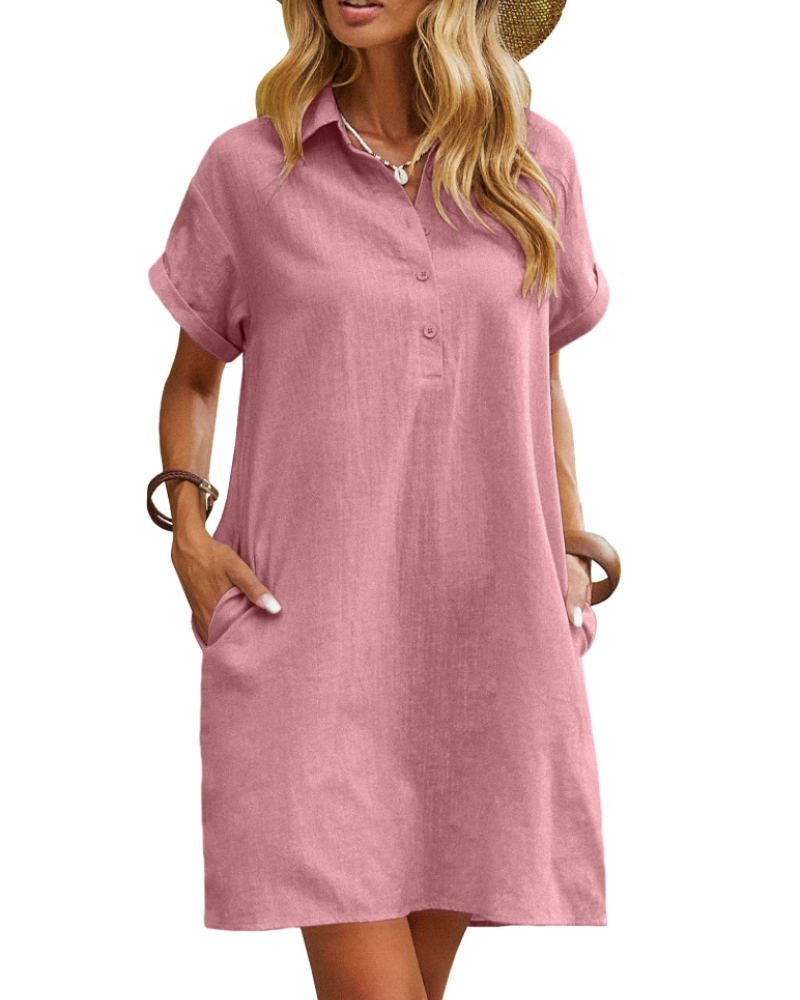 Camryn Robe Chemise Femme – Robe Courte en Coton Boutonnée avec Poches Manches Courtes