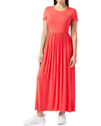 Abito Lungo Cambria Donna – Abito Maxi Svasato con Scollo Rotondo Maniche Corte Vita Arricciata