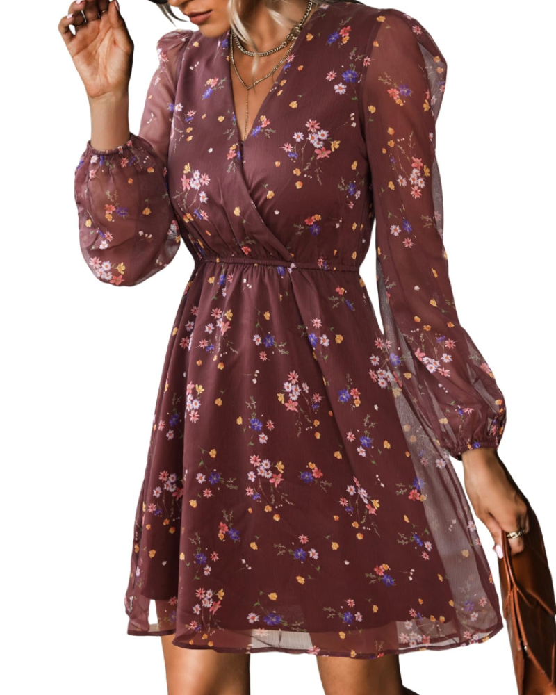 Danielle Robe Courte Femme – Robe en Mousseline Col V Taille Élastique Manches Longues