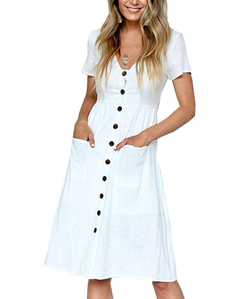 Lydia Robe Midi Femme – Robe Col V Style T-Shirt avec Poches Taille Empire et Boutons Décoratifs