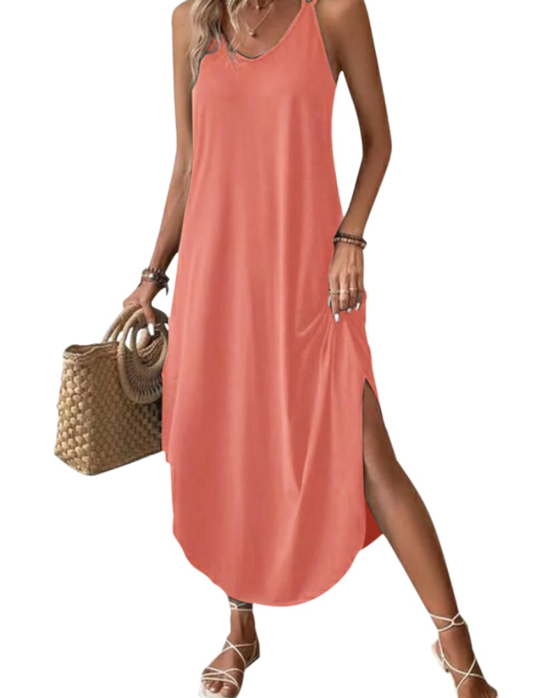 Sienna Robe Longue Femme – Maxi Robe Col V à Bretelles Fines avec Fente Élégante