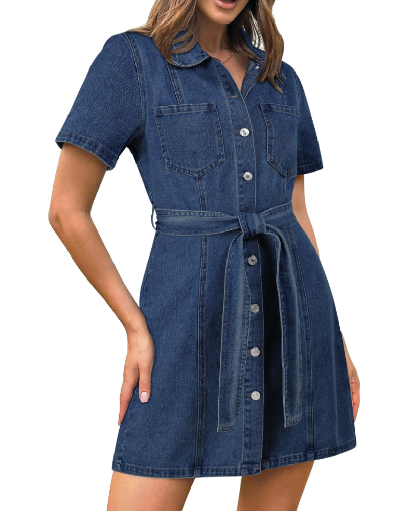 Kinsley Robe en Jean Femme – Robe Chemise Boutonnée Ceinturée avec Poches en Coton Stretch