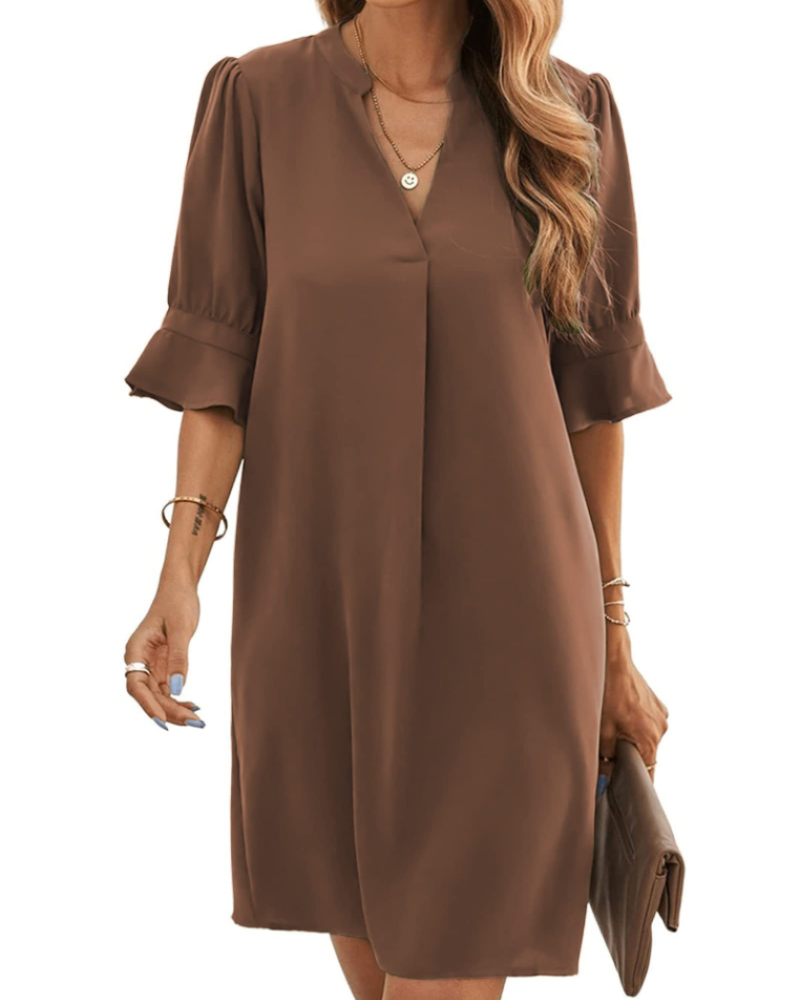 Mallory Robe Femme – Robe Courte Col V Fluide à Manches Courtes Coupe Ample