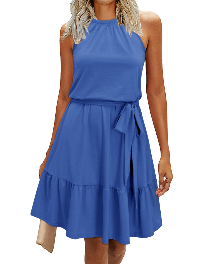 Kendall Robe Licou Femme – Robe d'Été Évasée Longueur Genou avec Ceinture Nouée