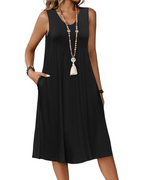 Vestido midi Quinn para mujer – Vestido sin mangas con cuello en V plisado, bolsillos, largo hasta la rodilla  