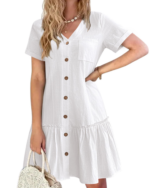 Brianna Robe en Coton et Lin Femme – Robe Col V Plissée avec Boutons & Poche Poitrine