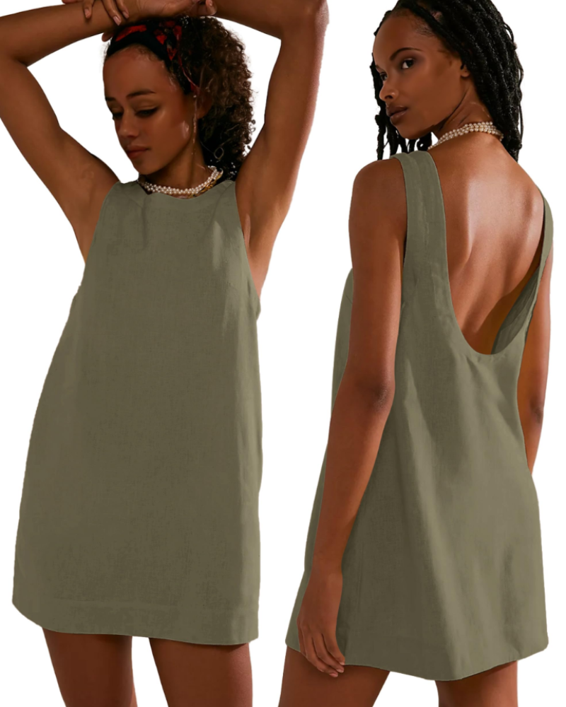Juliette Robe Courte Femme – Robe d'Été Sans Manches à Dos Nu avec Poches en Lin Mélangé
