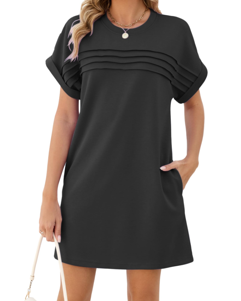 Autumn Robe Femme – Robe Courte Unie à Plis avec Poches & Manches Courtes Revers