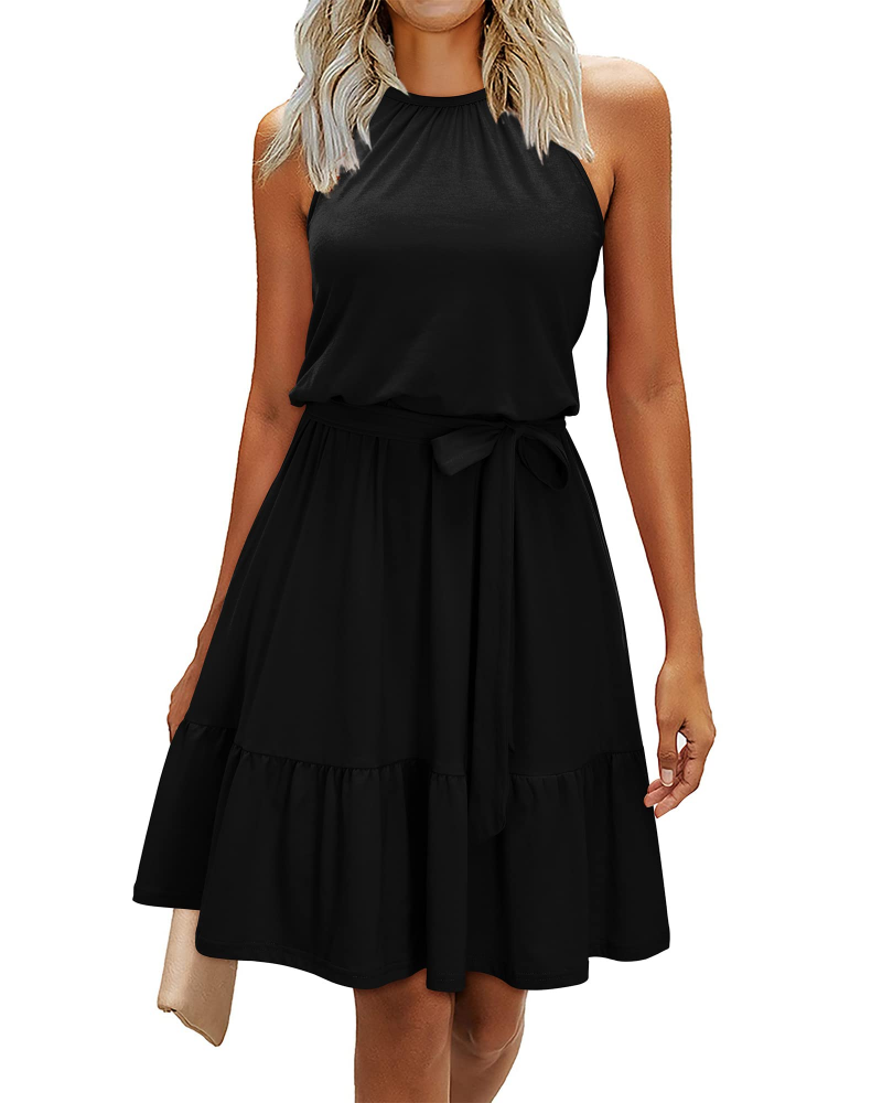 Kendall Robe Licou Femme – Robe d'Été Évasée Longueur Genou avec Ceinture Nouée