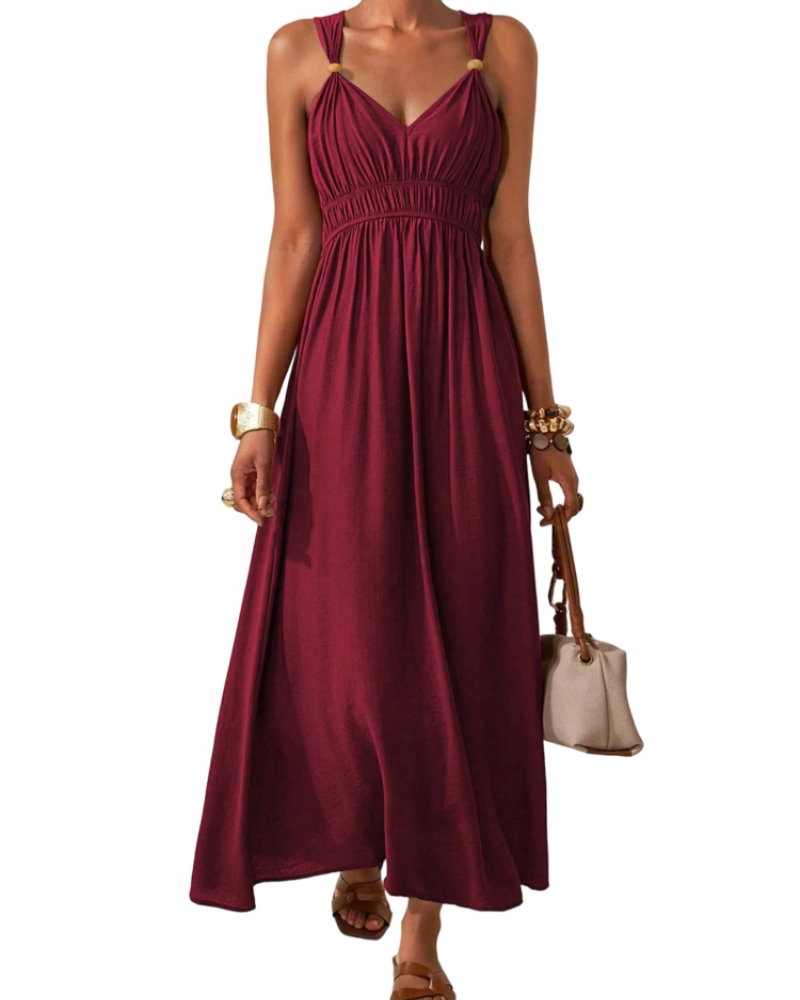 Nadia Robe Longue Femme – Maxi Robe Bohème Col V Taille Empire Élastique