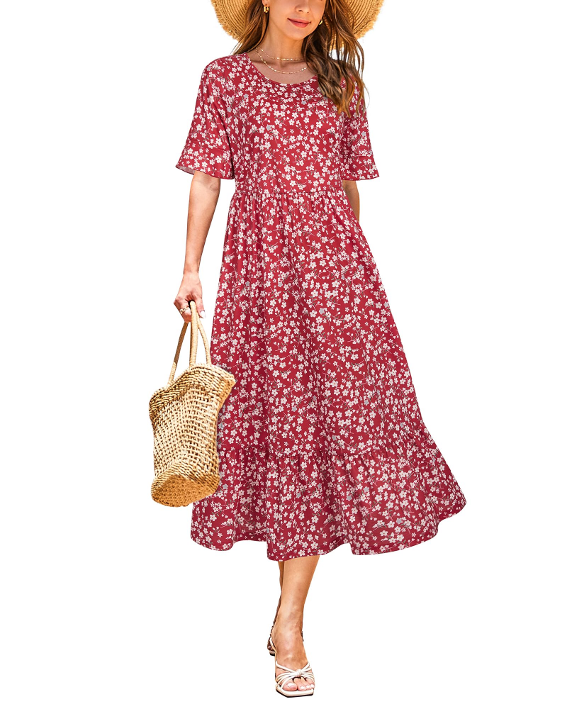 Payton Robe Midi Femme – Robe Fleurie Col Rond Manches Volantées avec Poches Taille Empire