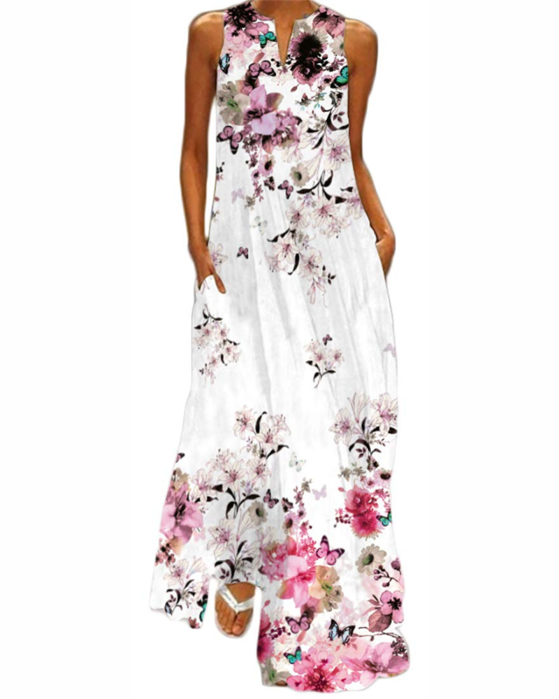Juniper Robe Longue Femme – Maxi Robe Fleurie Col V Sans Manches avec Poches