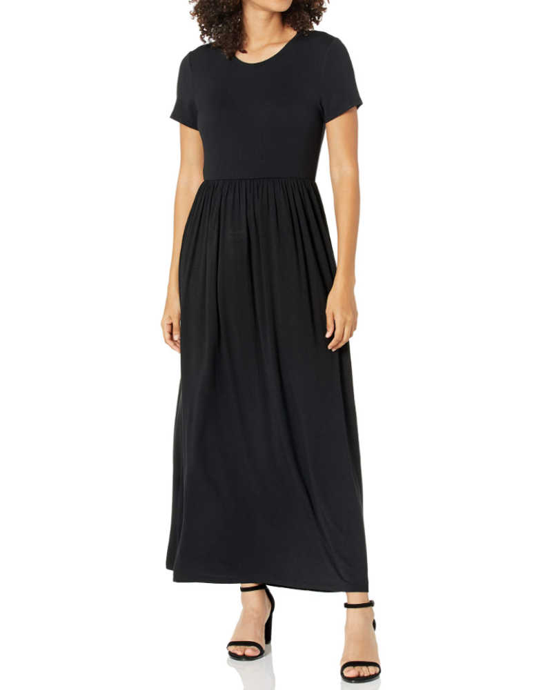 Cambria Robe Longue Femme – Robe Maxi Évasée Col Rond Manches Courtes Taille Froncée