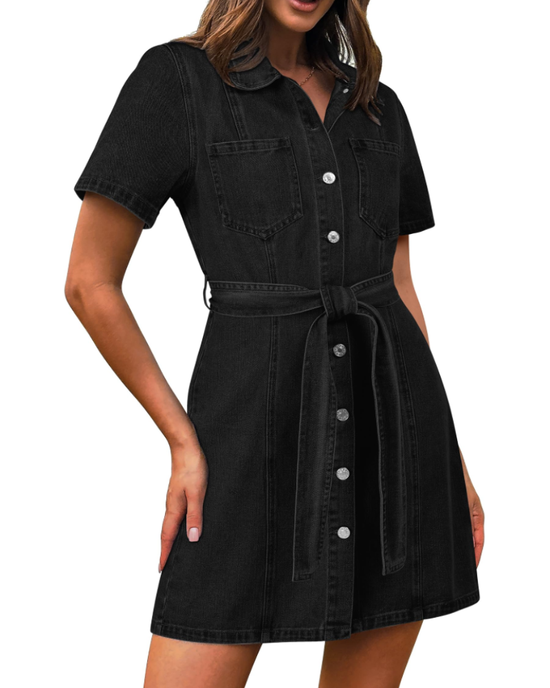 Kinsley Robe en Jean Femme – Robe Chemise Boutonnée Ceinturée avec Poches en Coton Stretch