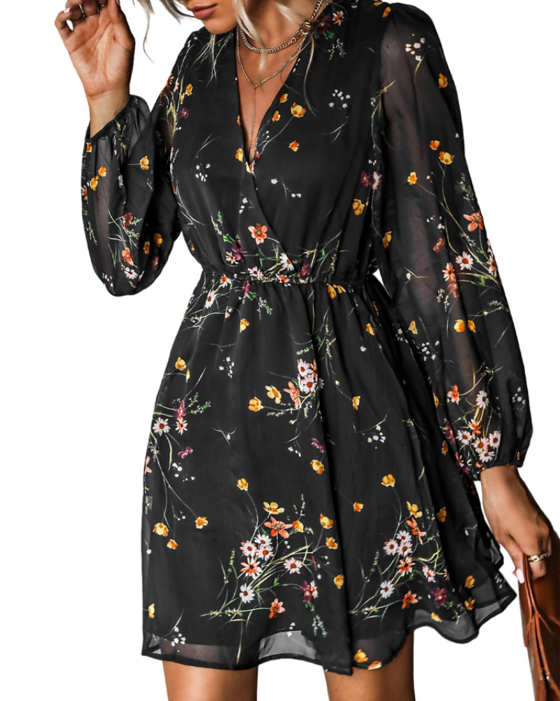 Danielle Robe Courte Femme – Robe en Mousseline Col V Taille Élastique Manches Longues