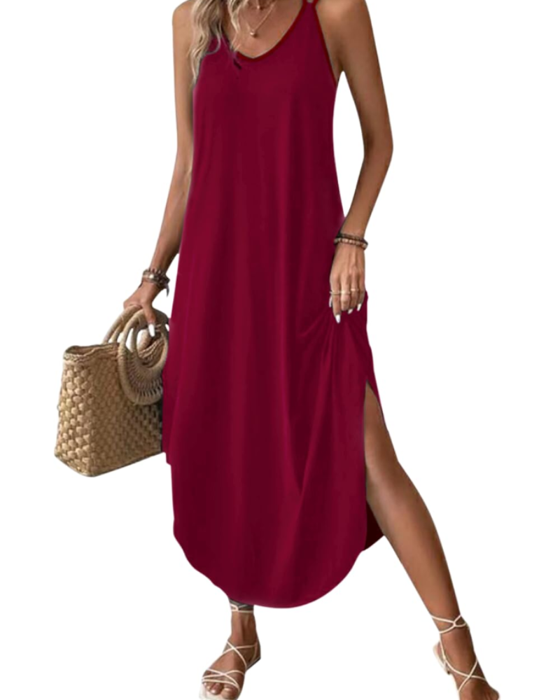Sienna Robe Longue Femme – Maxi Robe Col V à Bretelles Fines avec Fente Élégante