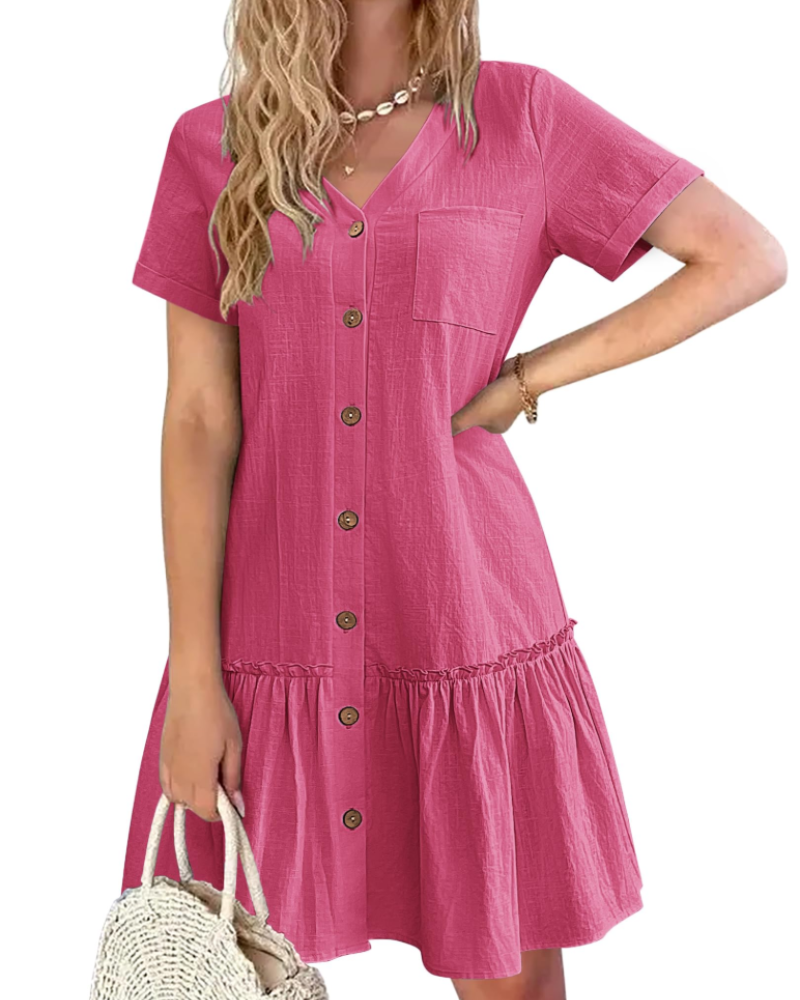 Brianna Robe en Coton et Lin Femme – Robe Col V Plissée avec Boutons & Poche Poitrine