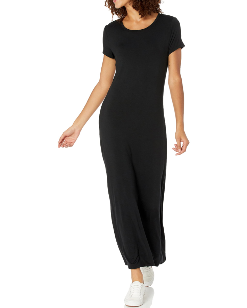 Corinne Robe Longue Femme – Robe Maxi Col Rond Manches Courtes Jersey Extensible Coupe Ajustée
