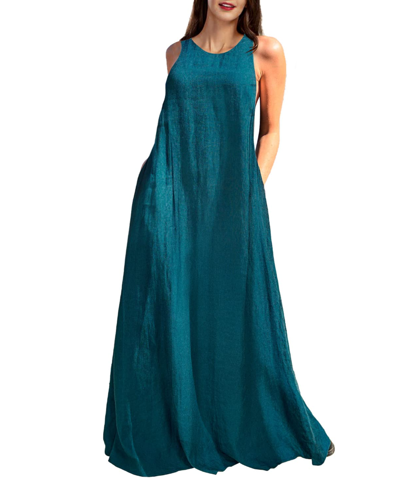 Genevieve Robe Longue Femme – Robe Maxi en Lin & Coton Sans Manches avec Poches