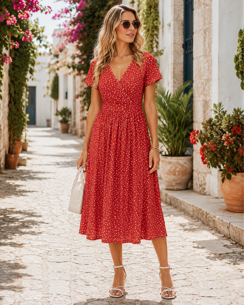 Reese Robe Femme Col V Cache-Cœur – Robe Évasée avec Poches Manches Courtes Longueur Genou