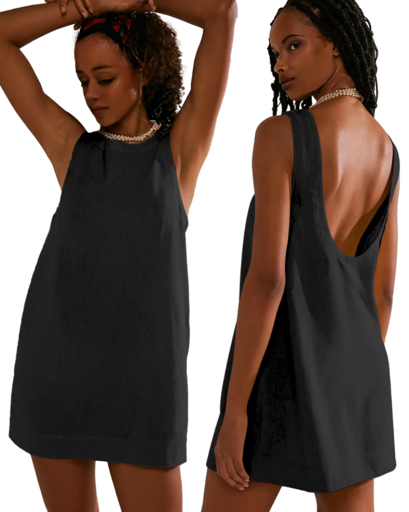 Juliette Robe Courte Femme – Robe d'Été Sans Manches à Dos Nu avec Poches en Lin Mélangé