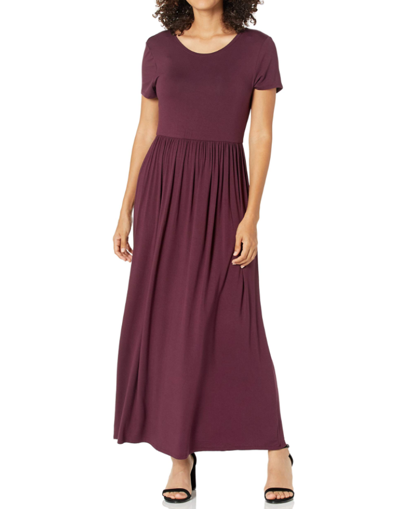 Cambria Robe Longue Femme – Robe Maxi Évasée Col Rond Manches Courtes Taille Froncée