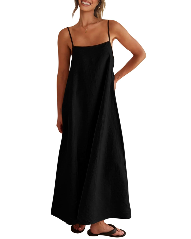 Adeline Robe Maxi Femme – Robe en Lin à Bretelles Réglables avec Poches & Dos Noué