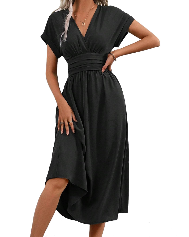 Kennedy Robe Maxi Femme – Robe Longue Plissée Col V à Manches Chauve-Souris Élégante