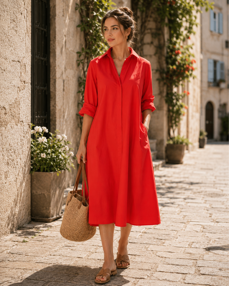 Abito camicia da donna Claire – Abito midi con colletto, maniche lunghe e tasche pratiche