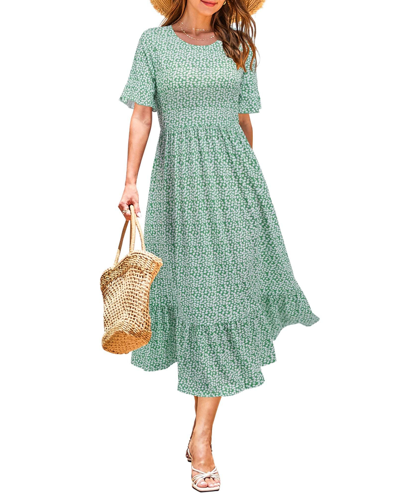 Payton Robe Midi Femme – Robe Fleurie Col Rond Manches Volantées avec Poches Taille Empire