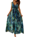 Sydney Robe Longue Femme – Robe Maxi Col V Sans Manches Imprimé Tropical Taille Ajustable