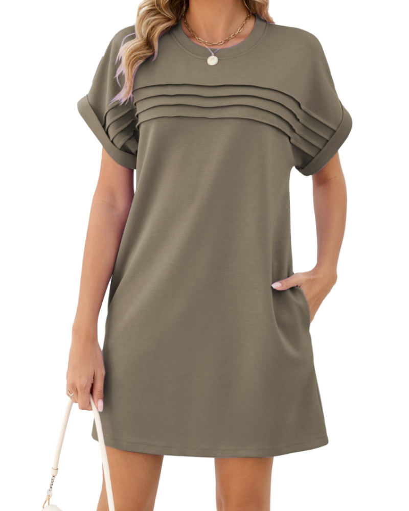 Autumn Robe Femme – Robe Courte Unie à Plis avec Poches & Manches Courtes Revers