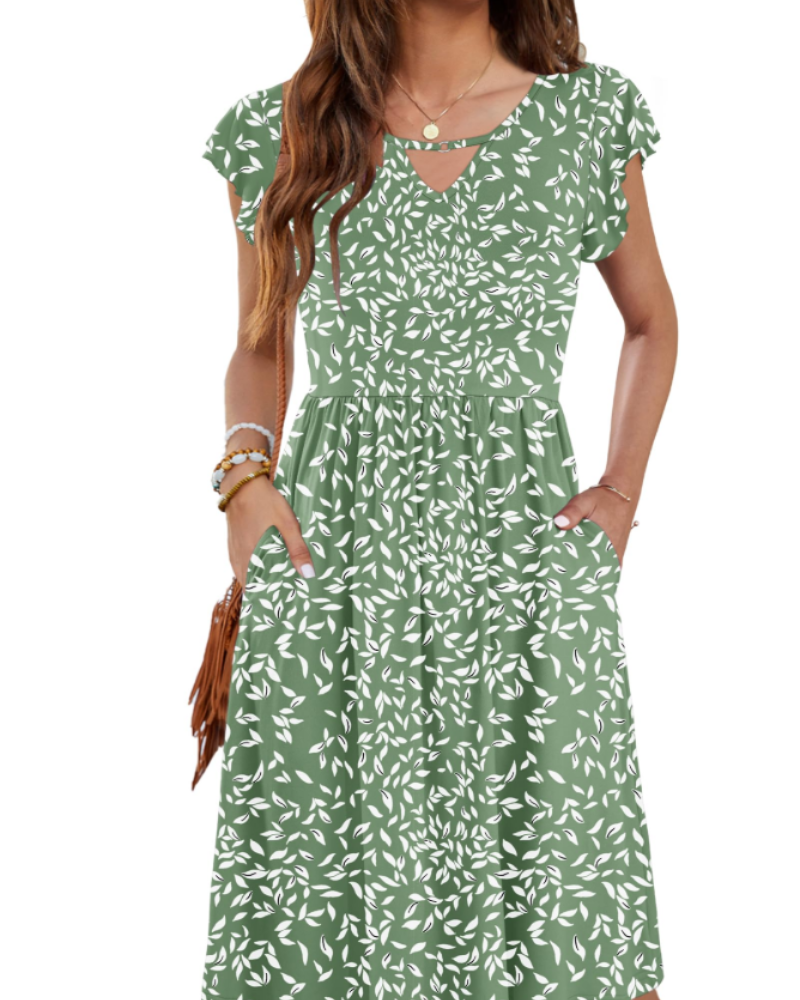 Teagan Robe Midi Femme – Robe Col V Évasée avec Poches Taille Élastiquée Fluide