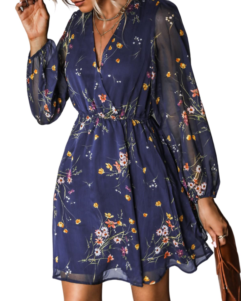 Danielle Robe Courte Femme – Robe en Mousseline Col V Taille Élastique Manches Longues