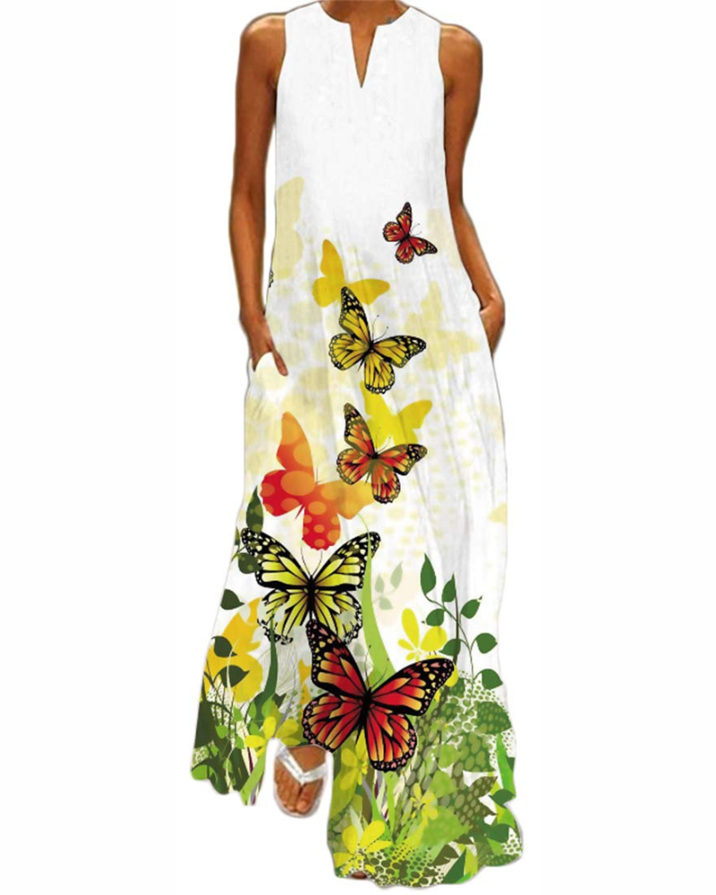 Juniper Robe Longue Femme – Maxi Robe Fleurie Col V Sans Manches avec Poches