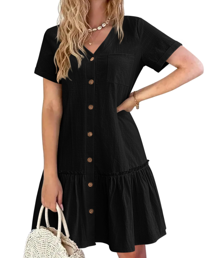 Brianna Robe en Coton et Lin Femme – Robe Col V Plissée avec Boutons & Poche Poitrine