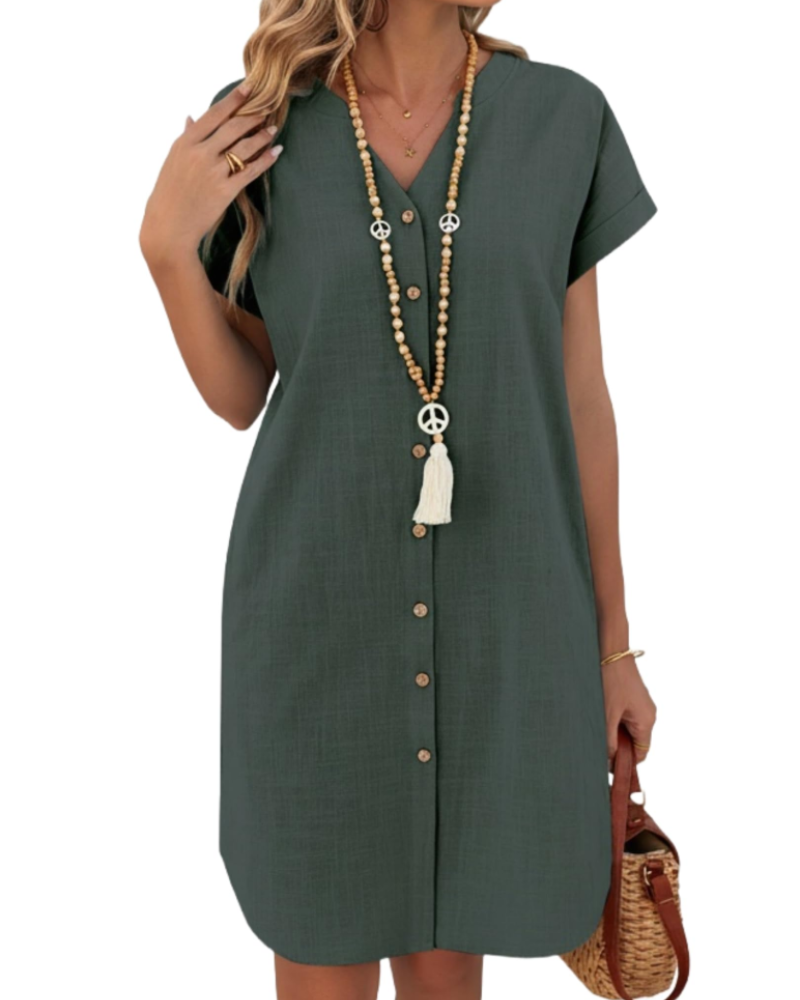 Bethany Robe Chemise Femme – Robe Courte en Coton et Lin Col V Henley Boutonnée