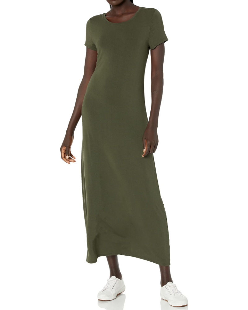 Corinne Robe Longue Femme – Robe Maxi Col Rond Manches Courtes Jersey Extensible Coupe Ajustée