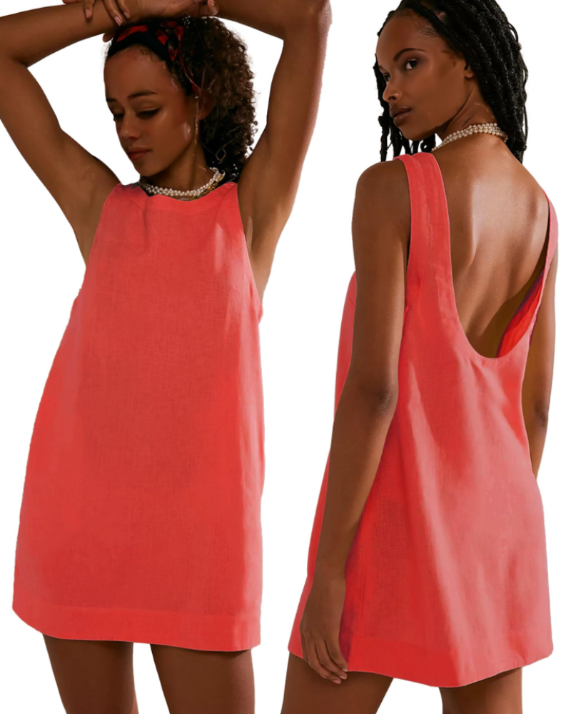 Juliette Robe Courte Femme – Robe d'Été Sans Manches à Dos Nu avec Poches en Lin Mélangé