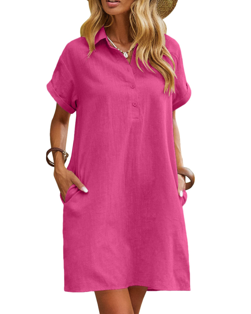 Camryn Robe Chemise Femme – Robe Courte en Coton Boutonnée avec Poches Manches Courtes