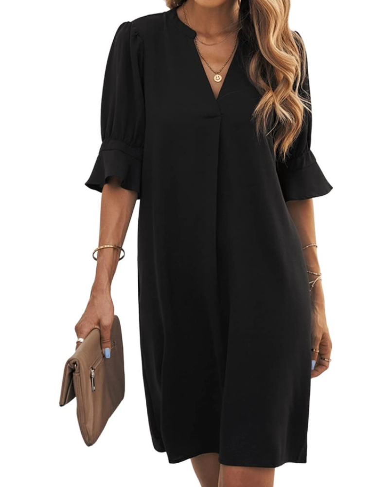 Mallory Robe Femme – Robe Courte Col V Fluide à Manches Courtes Coupe Ample