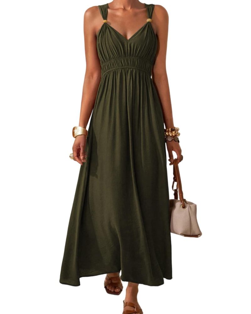 Nadia Robe Longue Femme – Maxi Robe Bohème Col V Taille Empire Élastique