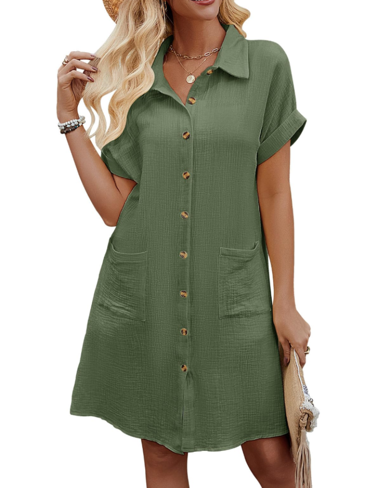 Sabrina Robe Chemise Femme – Robe 100 % Coton Col V Boutonnée avec Poches Manches Courtes